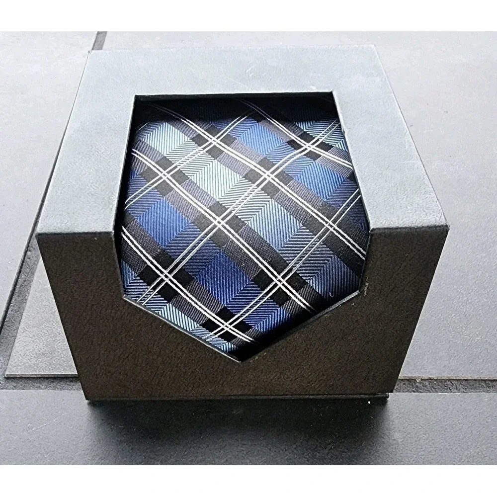 NWT Croft & Barrow Traditional Mens Blue London Grid Stripe Neck Tie Black White